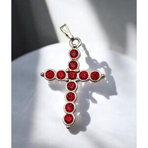 Vintage Silver Tone Cross Pendant Garnet Red Rhinestones Religious Christian